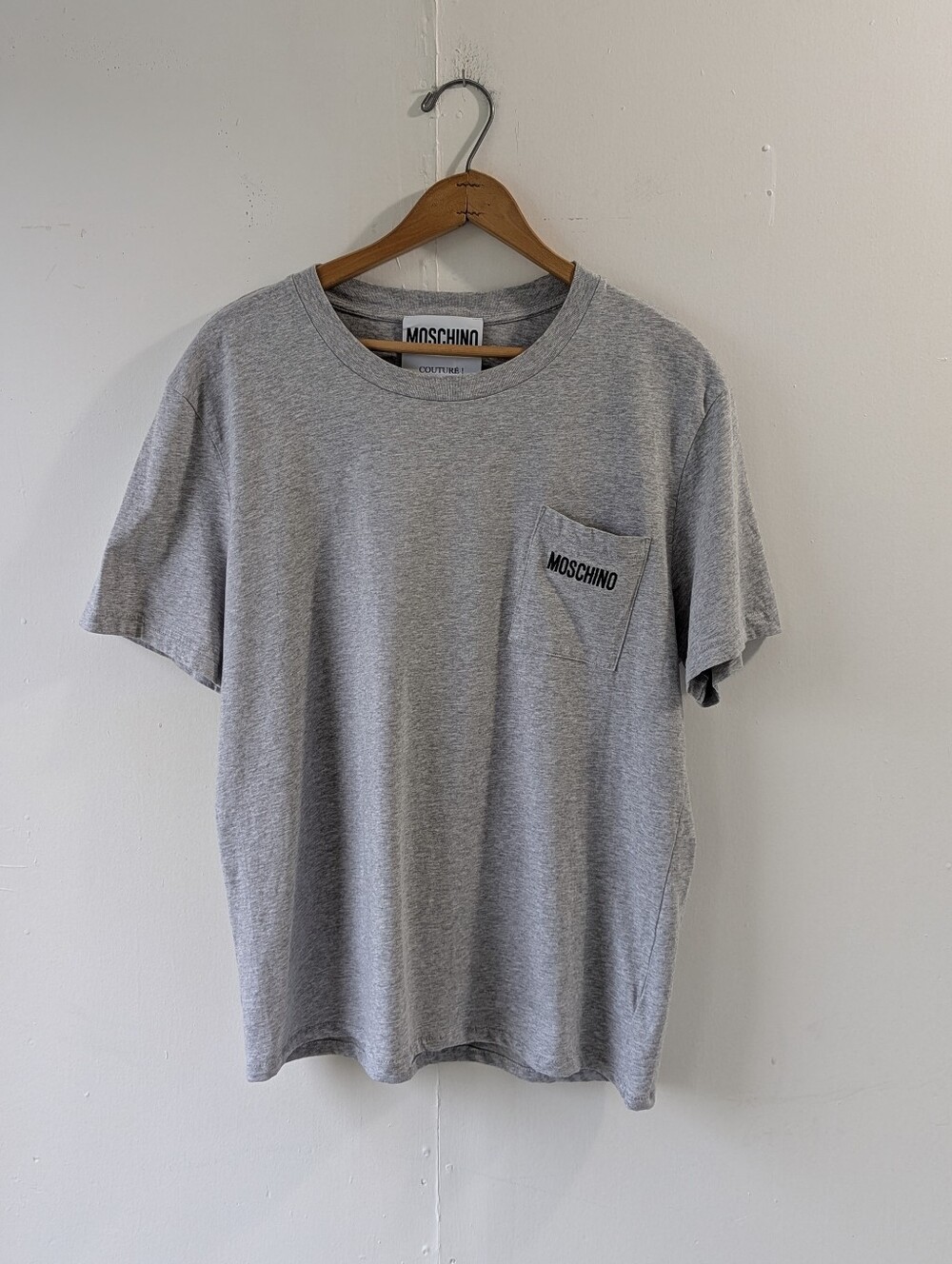 Moschino Couture Milano Gray Pocket T-Shirt Medium 100% Cotton Made in Portugal
